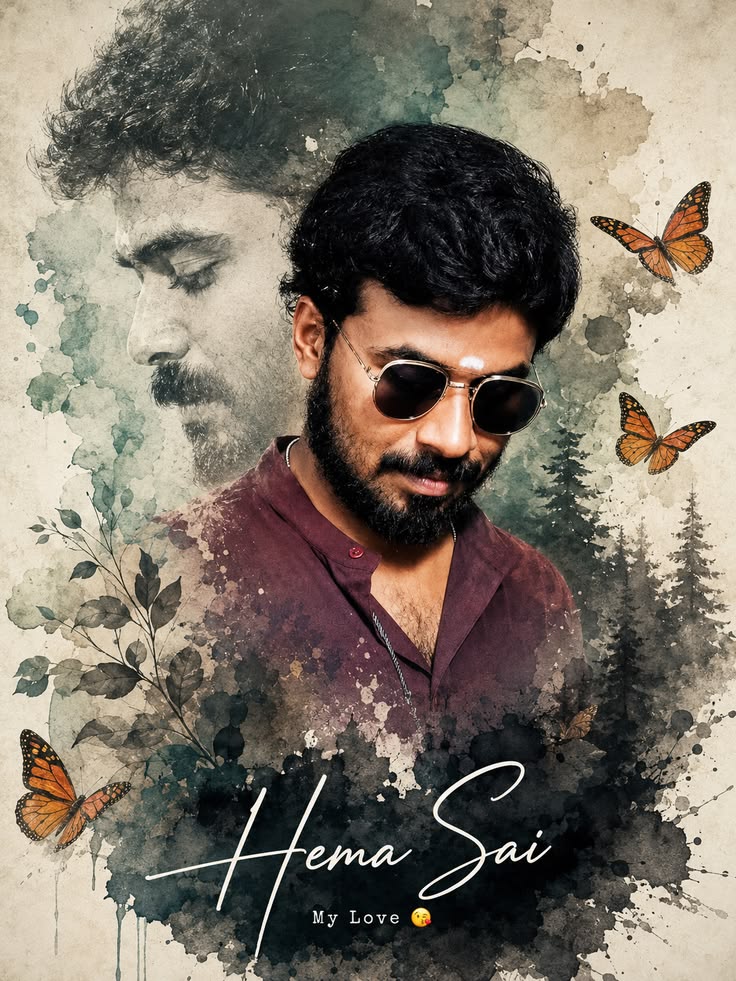 Watercolor Love Poster with a sharp male bust portrait, faded side profile, sunglasses, butterflies, ink splatter, and paper texture.