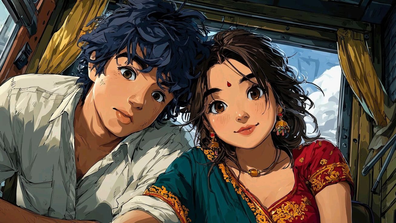 Anime Couple leaning inside a travel cabin with glowing window light, teal fabric, red blouse, and cinematic anime detail.