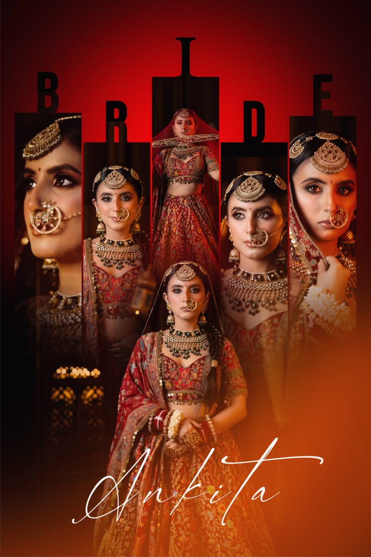 Bridal Editorial Poster with a red luxury bridal collage, BRIDE letter panels, ornate jewelry, and Timeless Grace text.