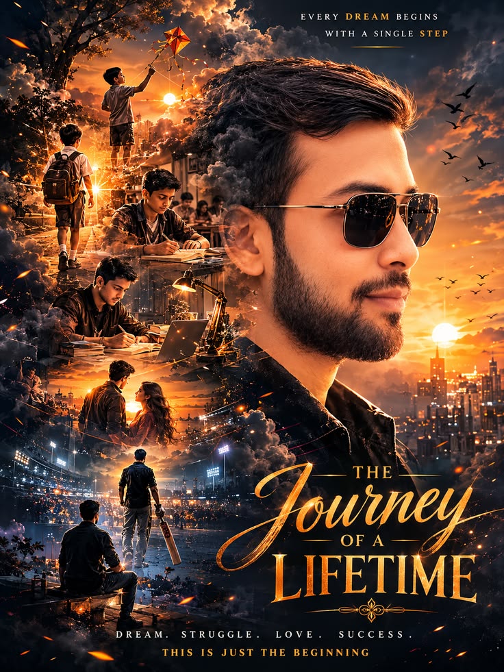 Motivational Journey Poster with sunglasses hero, sunset city, story montage panels, cricket scene, and golden title typography.