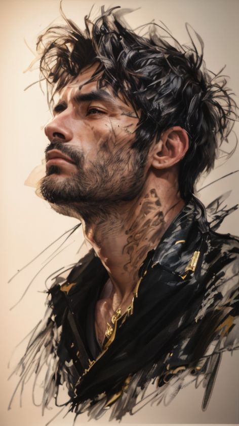 Ink Portrait Prompt showing a dramatic male upper-bust ink painting with warm beige background and bold sketch strokes.