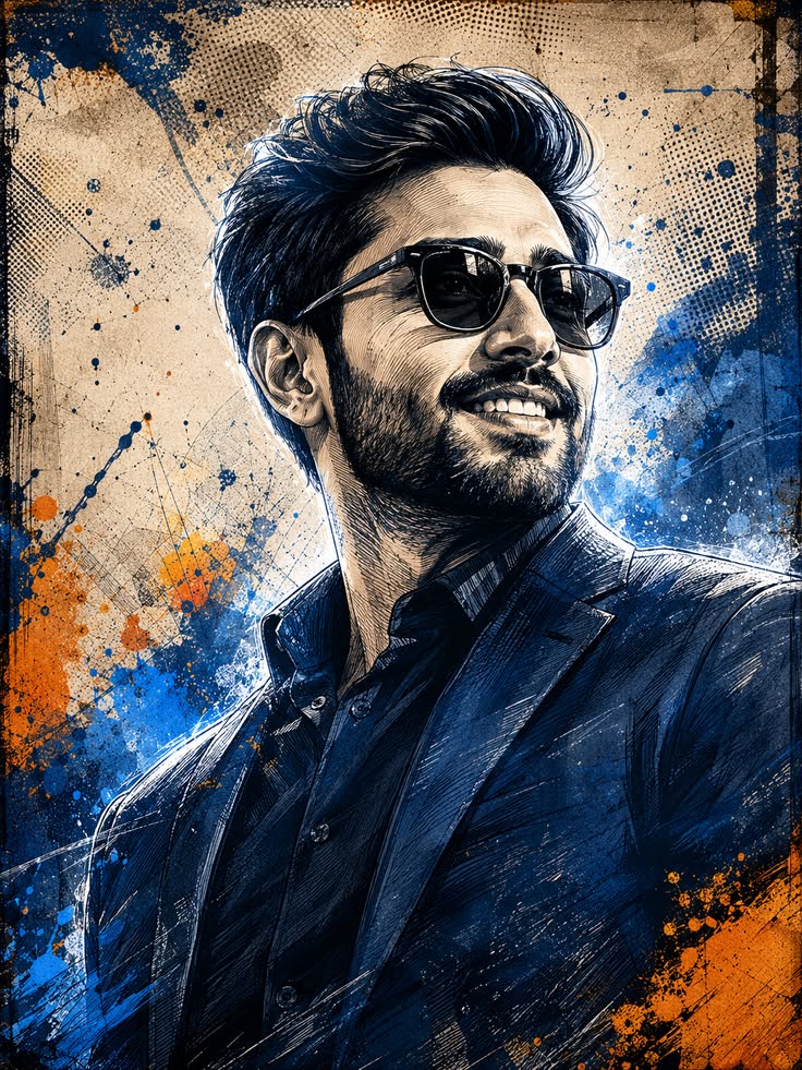 Comic Book Portrait with a smiling male hero in sunglasses, dark blazer, blue-orange paint splashes, and bold ink hatching.