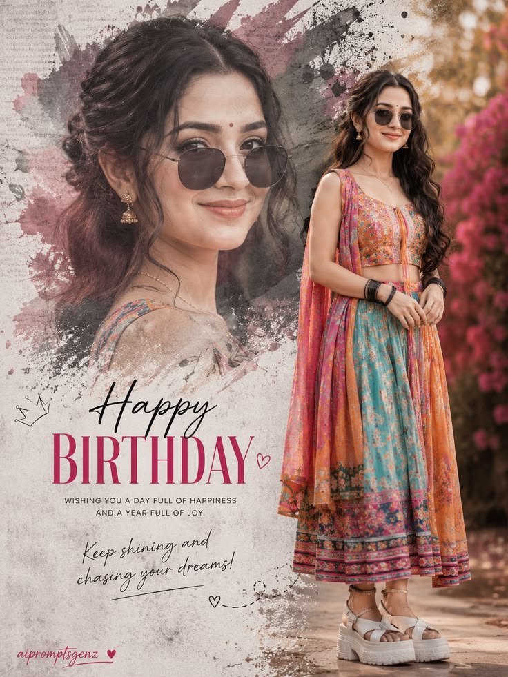 Instagram Birthday Poster with a scrapbook birthday collage, floral background, and stylish traditional fashion look.