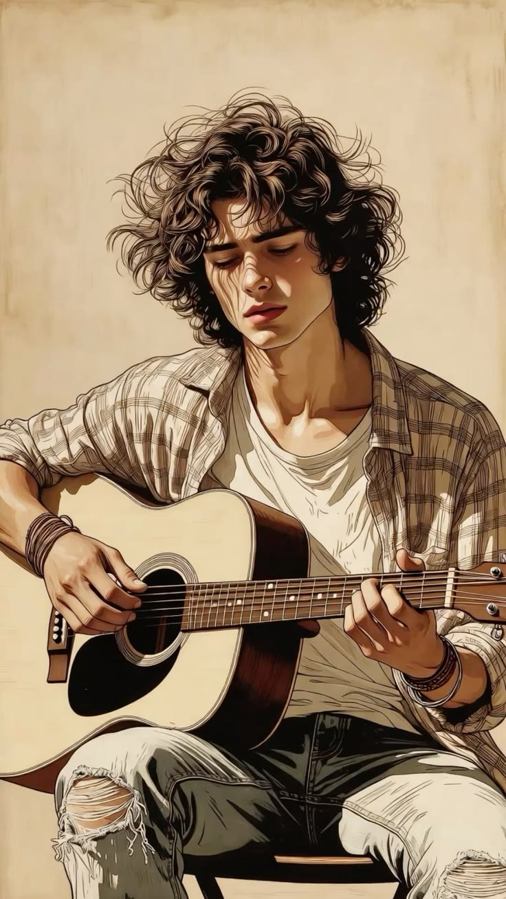 Guitar Art featuring a seated musician playing an acoustic guitar in a warm detailed vintage illustration.
