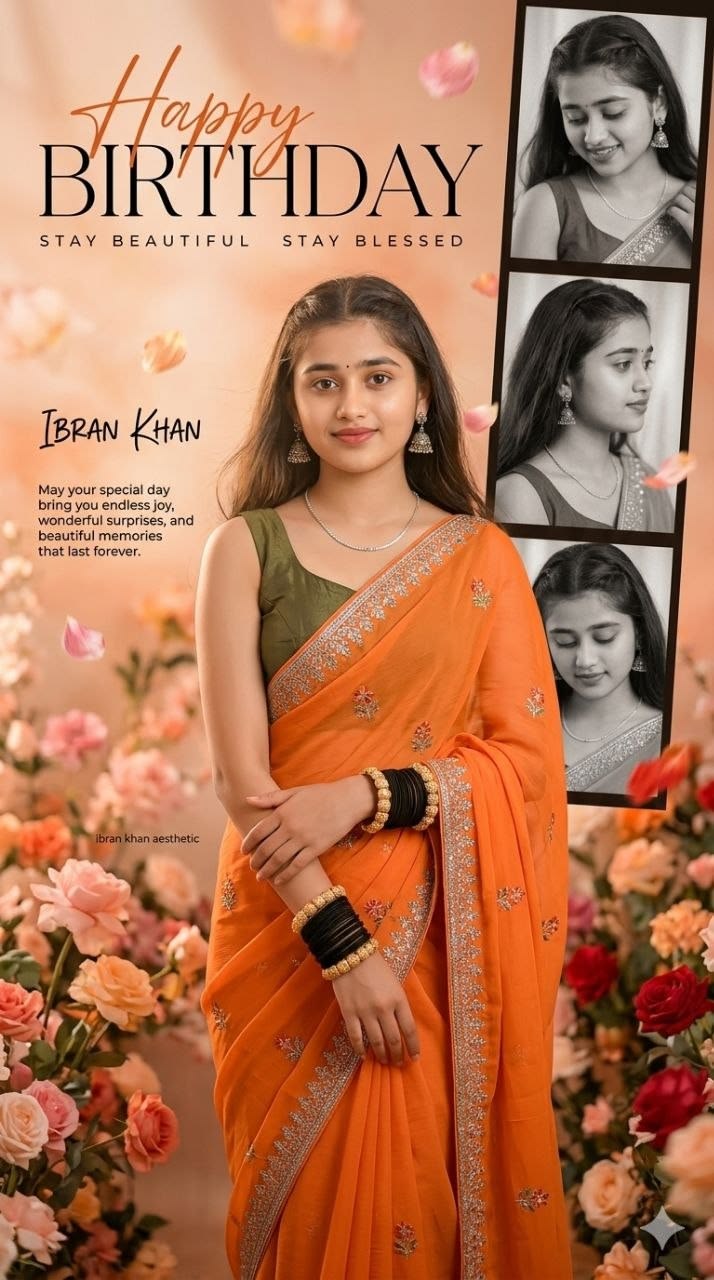 Birthday Poster featuring a graceful woman in an orange sari with cinematic floral styling and elegant birthday typography.