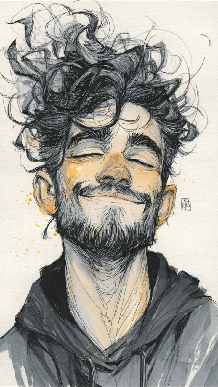 Hoodie Sketch male close-up with closed-eye smile, messy black hair, hoodie neckline, peach wash, ink hatching, and warm paper texture.