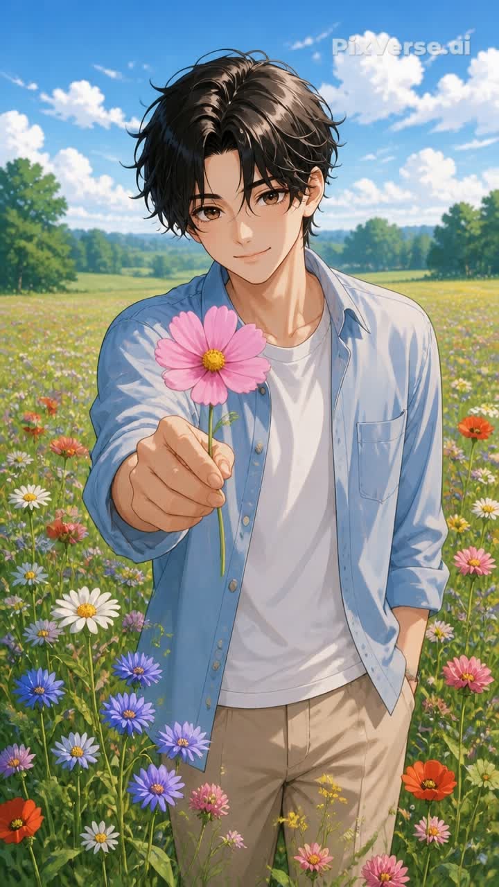 Anime Meadow Portrait showing a smiling character in a flower meadow holding a pink flower with bright sky and soft glow.
