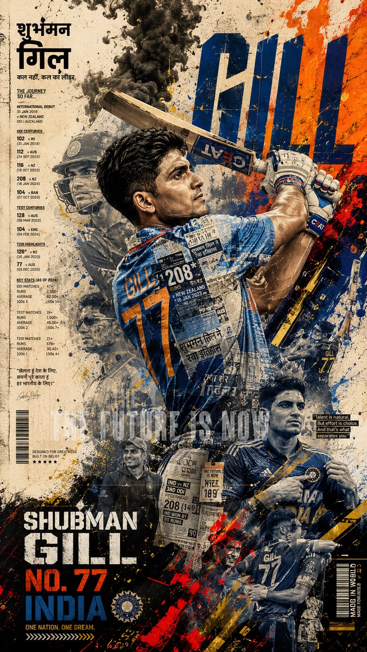 Cricket Art featuring seven athlete views in a vivid distressed cricket collage with blue and orange sports energy.
