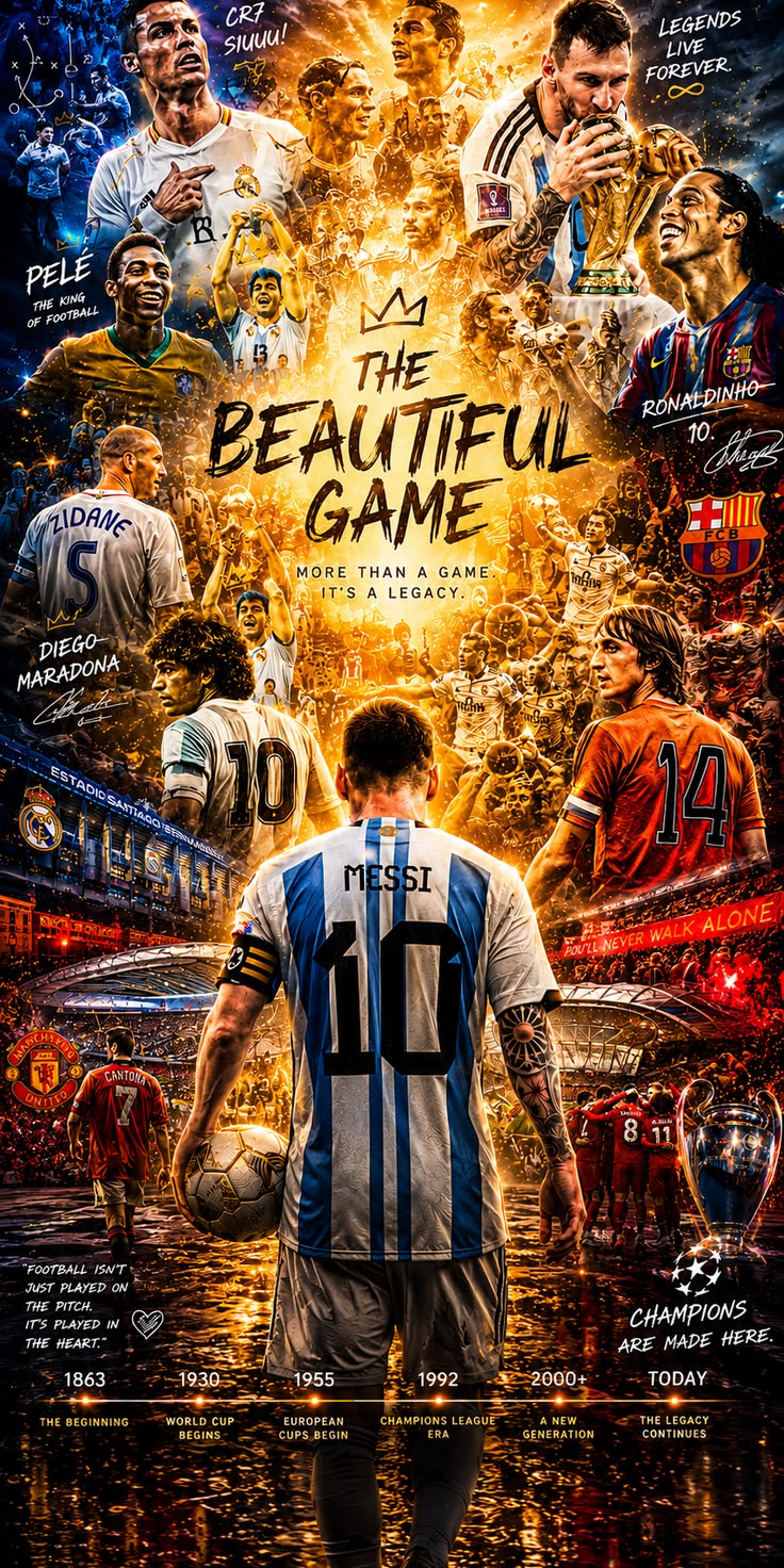 Football Poster legacy collage with multiple male football portraits, golden stadium glow, trophy details, and a cinematic mobile layout.