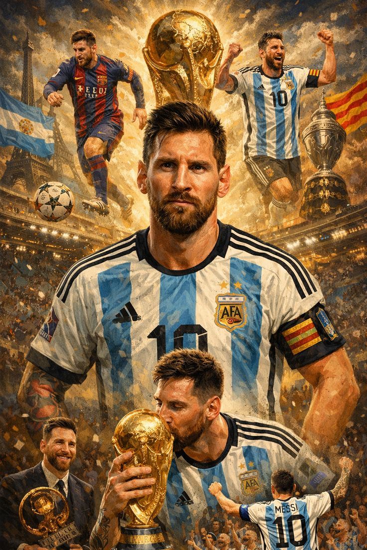 Football Poster collage showing a championship football scene with glowing trophies, stadium lights, confetti, and heroic player layers.