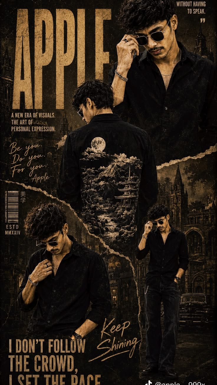 Grunge Fashion Poster showing four stylish male copies in black outfit, sunglasses, torn paper layers, gold title, and dark city texture.