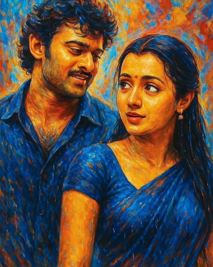Romantic Couple Portrait Prompt in a saturated oil-pastel style with deep blue outfits and a warm emotional background.