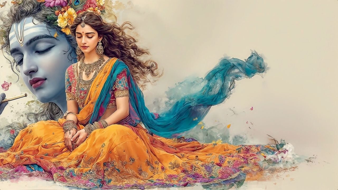Devotional Fantasy Illustration with a seated Radha-style woman, blue Krishna face, ornate lehenga, teal veil, and cream paper background.