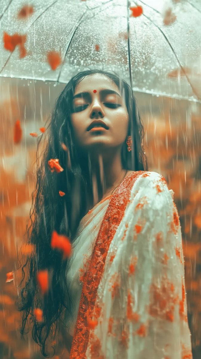 Cinematic Rain Portrait with a woman under an umbrella, closed eyes, wet saree drape, glowing rain, and orange petals.