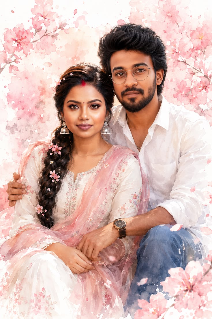 Watercolor Couple Portrait with seated Indian couple styling, cherry blossoms, pastel clothing, and soft paper texture.