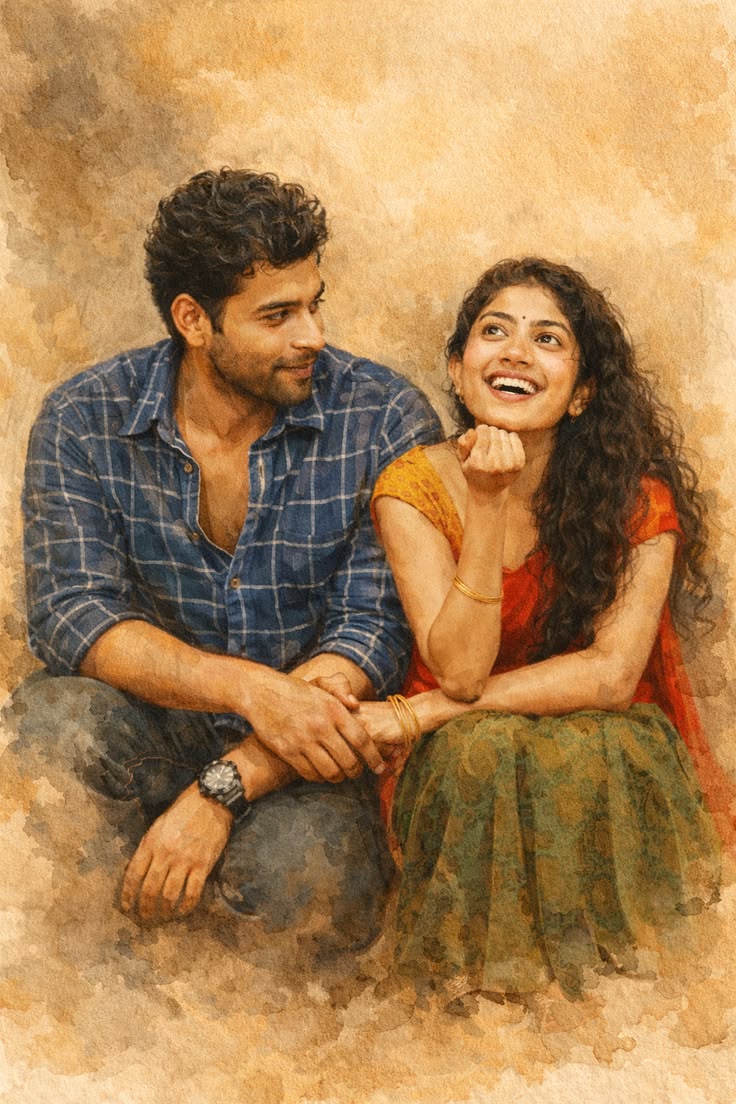Village Couple Watercolor Prompt featuring a romantic seated Indian couple in rustic handmade watercolor style