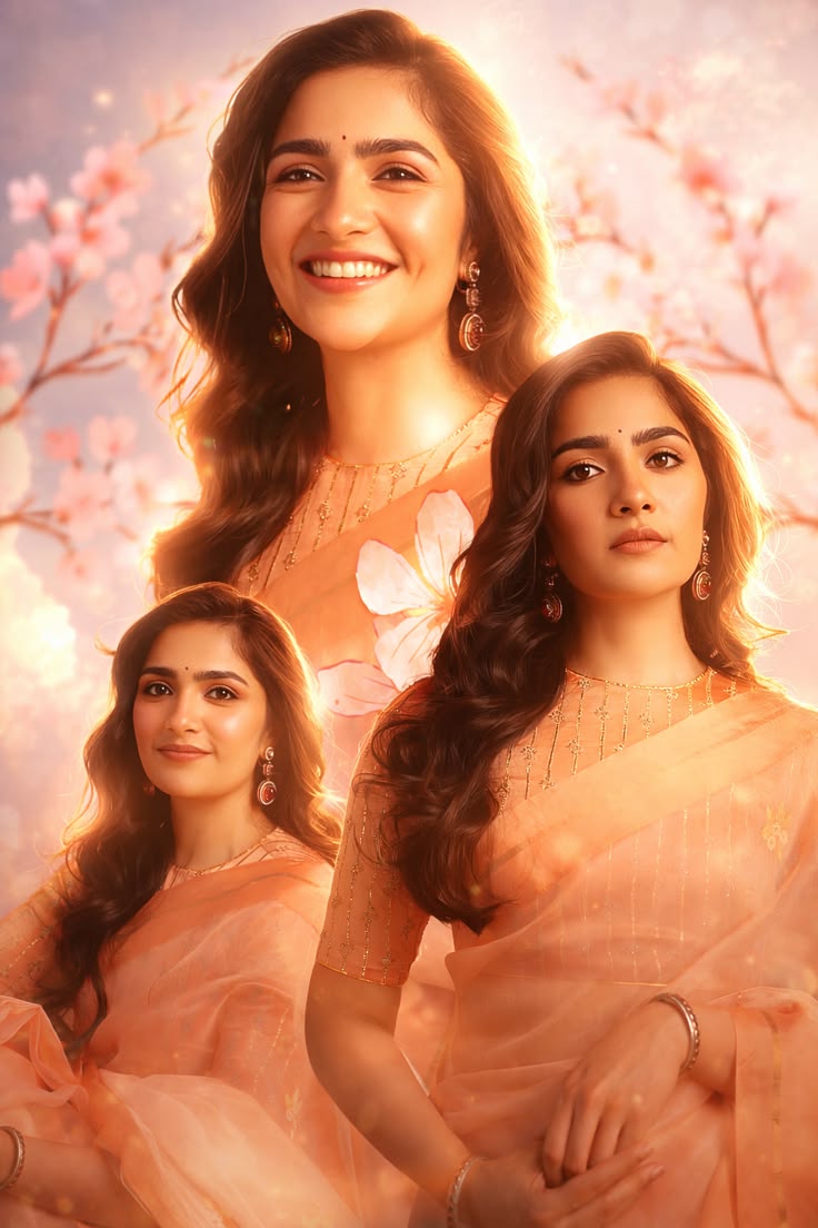 Floral Portrait Collage with a peach saree poster, three portraits, cherry blossoms, and a warm glowing romantic background.