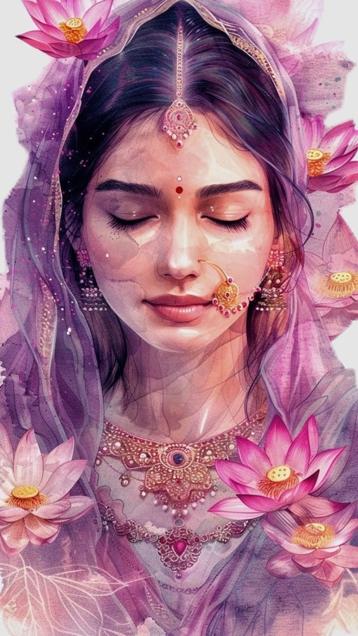 Lotus Goddess Portrait with closed eyes, lavender-pink veil, ornate jewelry, lotus flowers, and soft mystical watercolor glow.