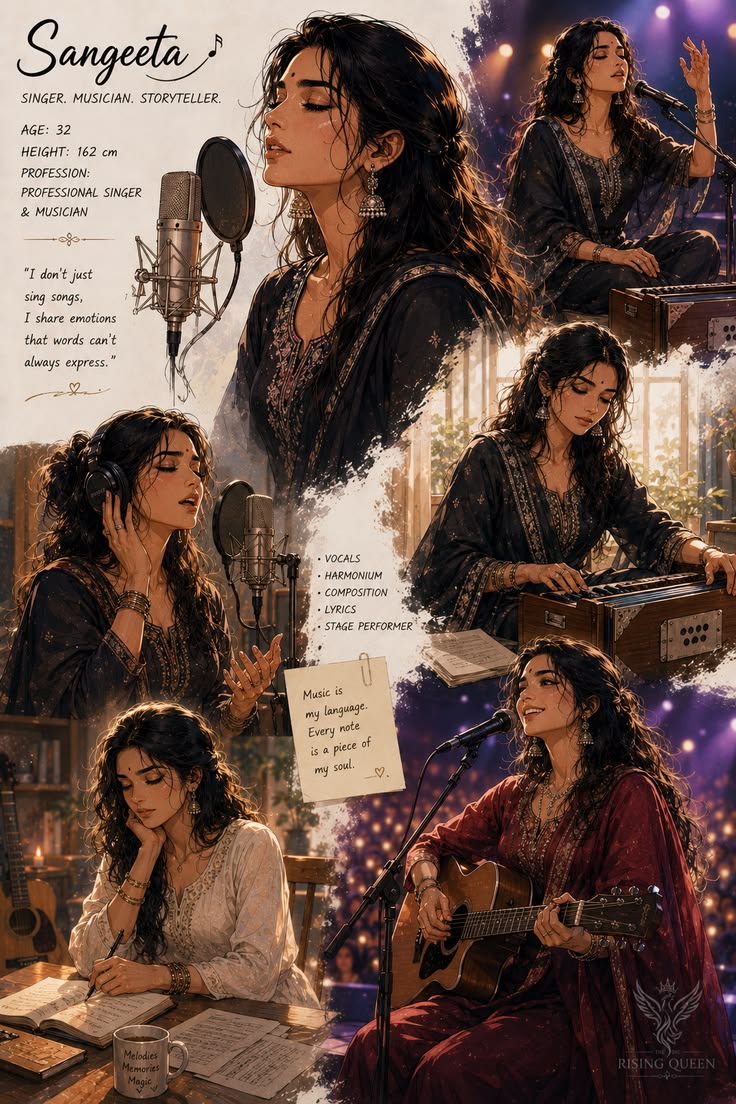 Singer Collage showing a six-portrait female musician poster with microphones, harmonium, guitar, and warm glowing light.