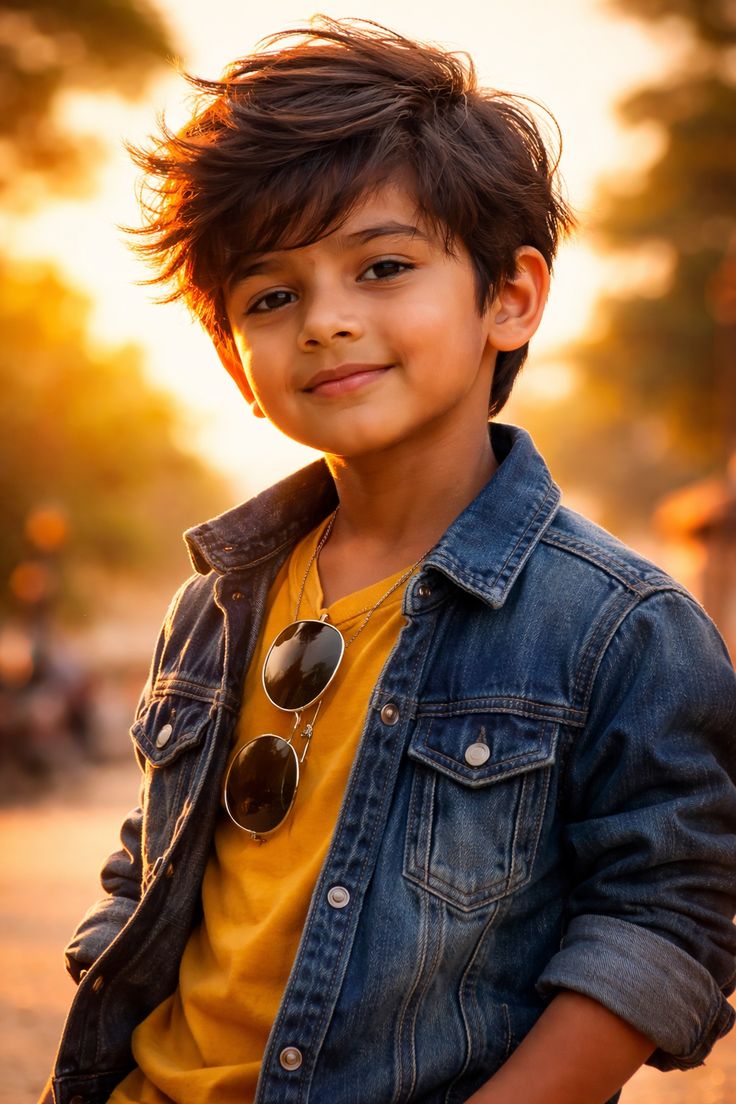 Child Fashion Portrait of a smiling child in denim jacket, yellow shirt, and warm golden-hour outdoor bokeh.