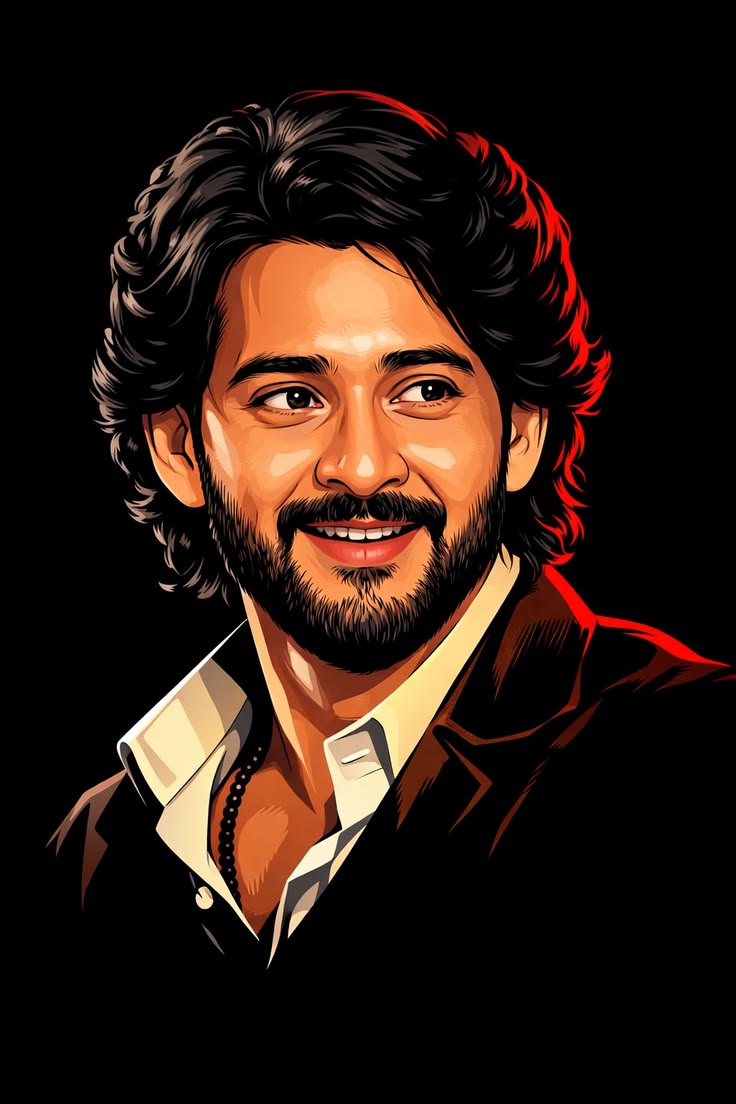 Cinematic Vector Portrait Prompt featuring a smiling male digital illustration with black background and red rim light