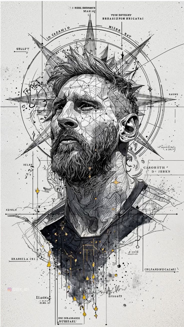 Compass Portrait male bust artwork with fine ink engraving, radial compass rings, upward gaze, gold droplets, and off-white paper texture.
