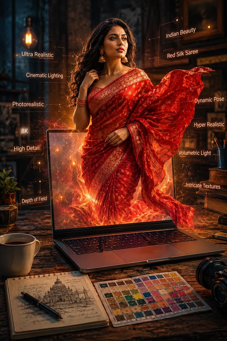 Red Saree cinematic technology poster with fiery laptop emergence, dramatic silk movement, and glowing studio details.