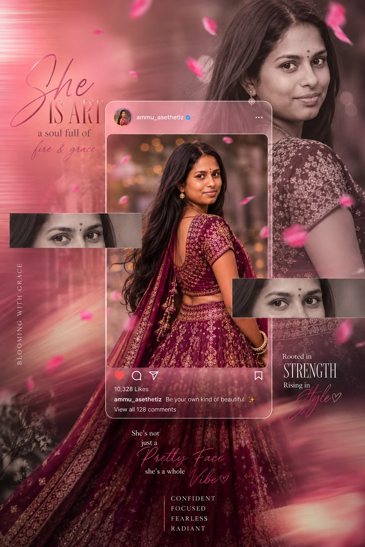 Pink Fashion Poster with a maroon lehenga pose, pink petals, eye strips, glass card frame, and glowing fashion typography.