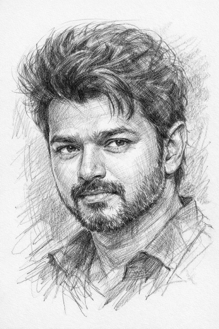 Graphite Sketch male bust artwork with direct eye contact, tousled hair, trimmed beard, open collar, and realistic pencil shading.