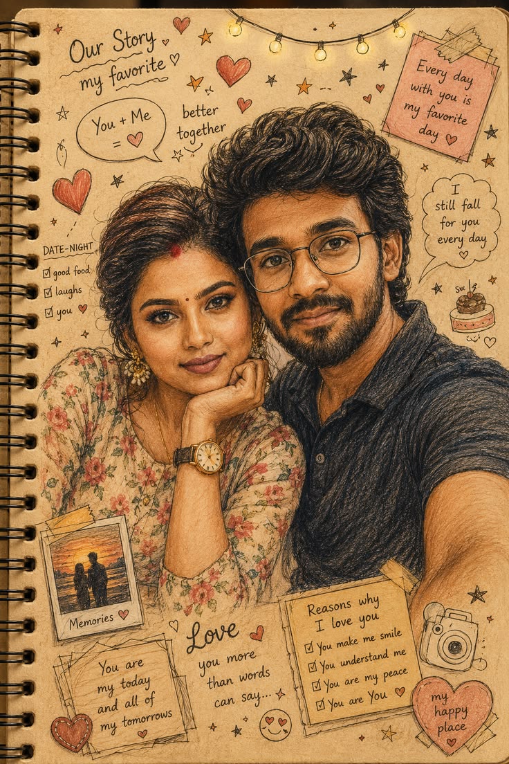 Vintage Scrapbook Couple Portrait on a spiral notebook page with a close romantic couple pose and hand-drawn doodles.