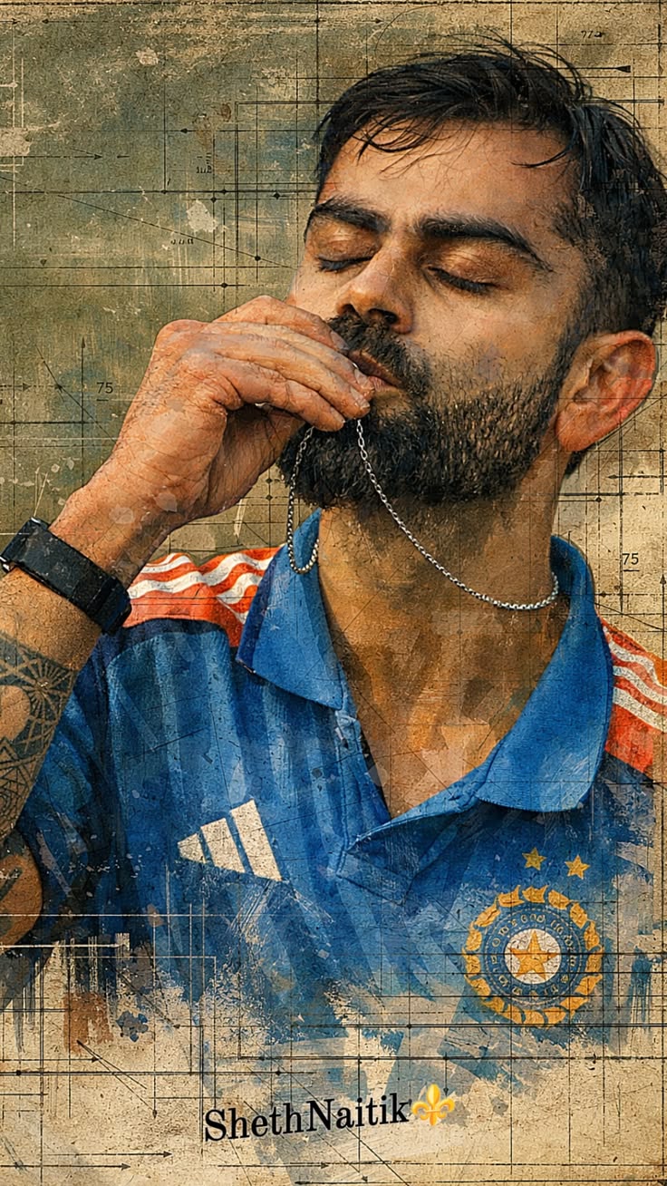 Cricket Portrait of a male athlete in blue jersey with chain gesture, warm glow, gritty texture, and vintage sports poster style.
