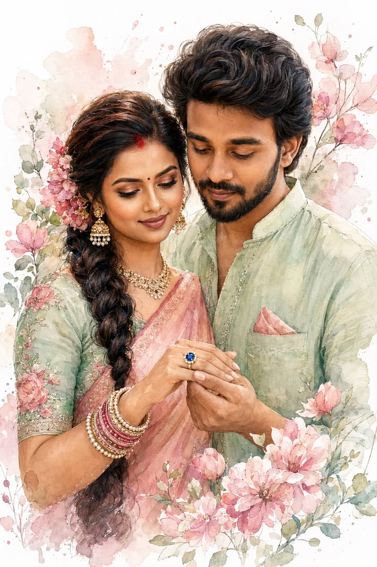 Watercolor Couple Portrait with a floral romantic watercolor look and pastel ethnic styling.