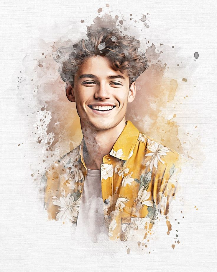 Watercolor Boy Portrait with smiling male face, mustard floral shirt, white paper texture, warm highlights, and soft paint splatter.