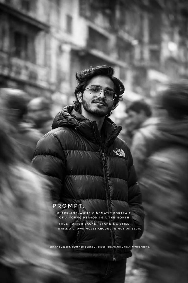 A black and white view of a Cinematic Urban Portrait featuring a man.