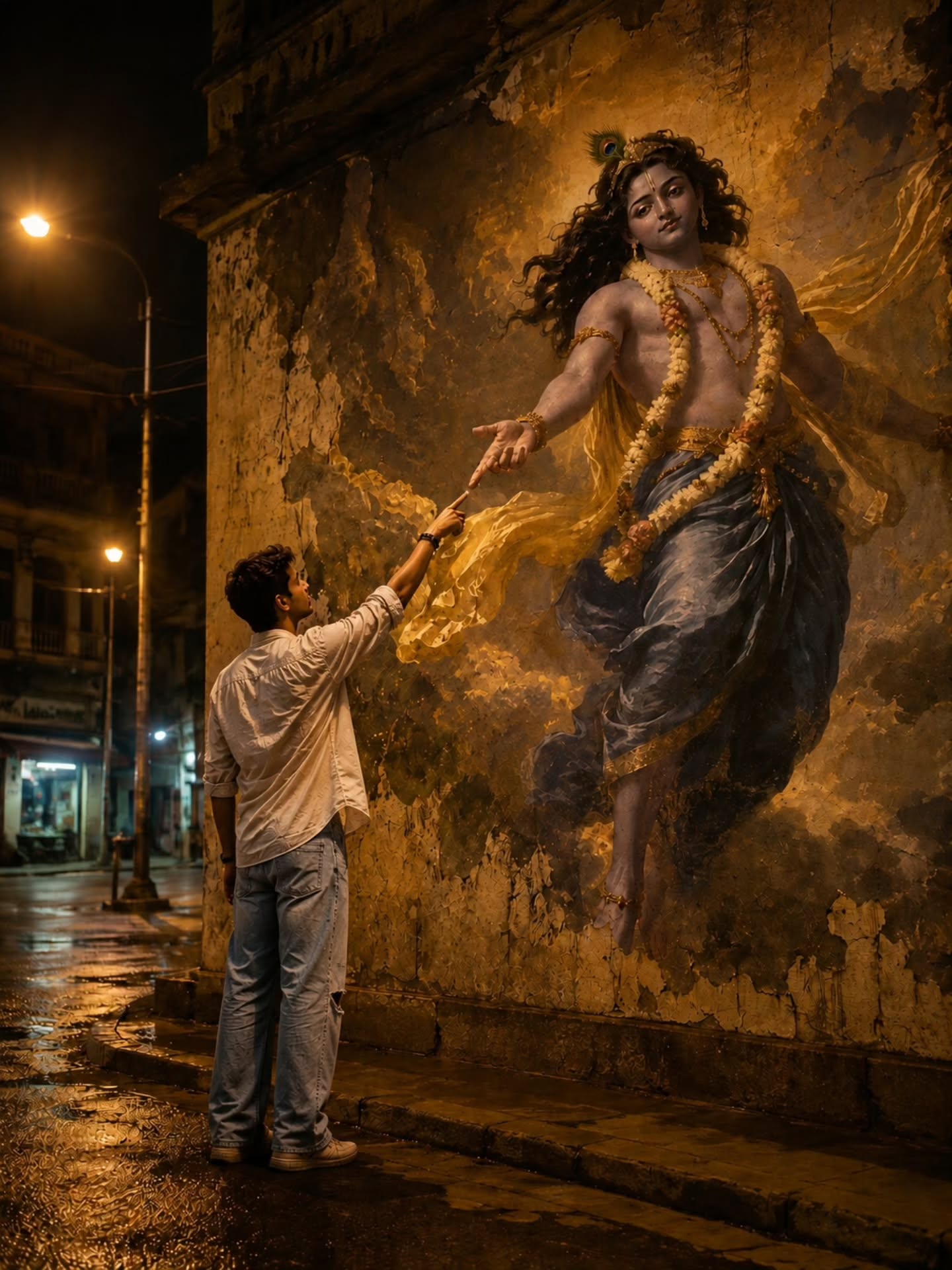 Krishna Devotional Wall Mural featuring a cinematic devotional street scene with spiritual realism.