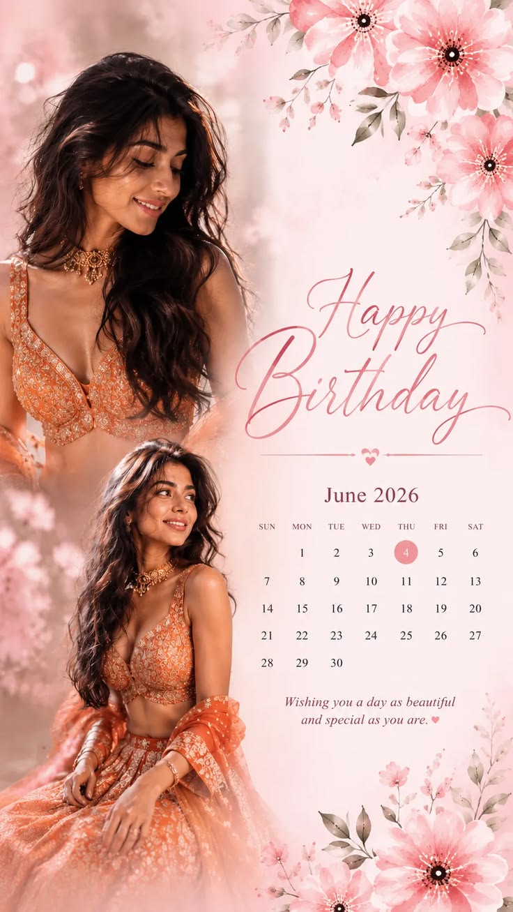 Birthday Poster with two feminine portraits, pink flowers, a June 2026 calendar, and a soft celebration-card layout.