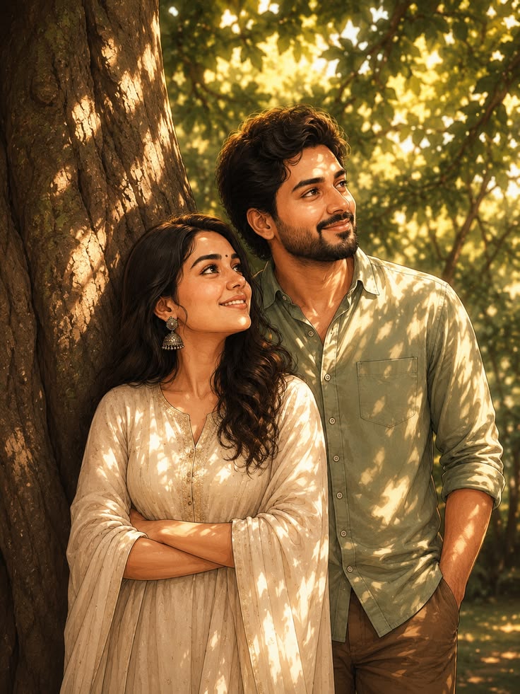 Cinematic Couple standing under a large tree with golden dappled sunlight, cream dress, green shirt, and painterly forest glow.