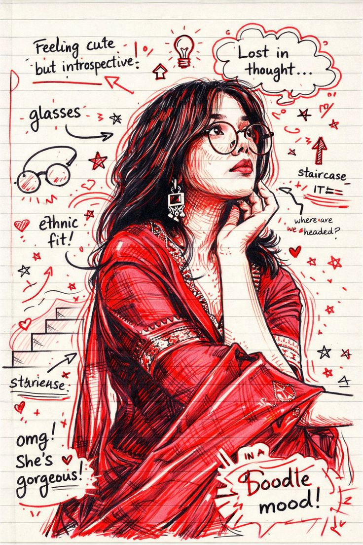 Doodle Fashion Illustration of a thoughtful girl with round glasses, red ethnic drape, cheek-touch pose, and notebook doodles.
