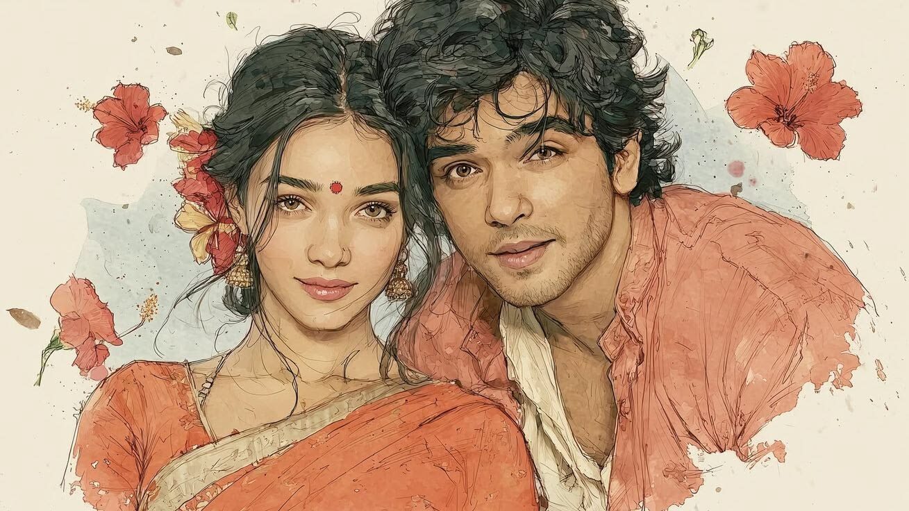 Watercolor Couple portrait with peach-coral outfits, hibiscus flowers, soft ink outlines, and cream paper texture.