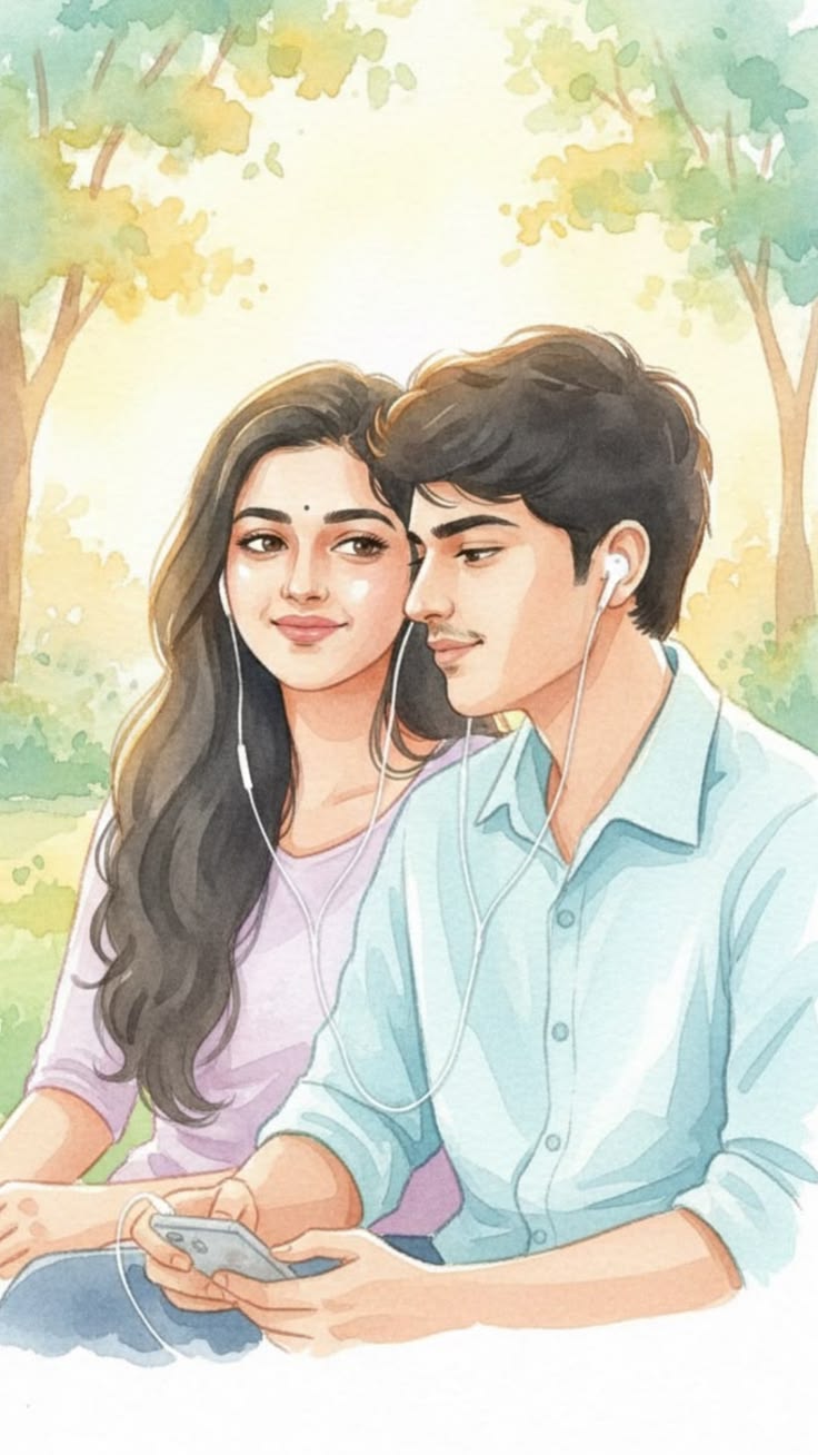Watercolor Couple sitting in a soft park scene with shared earphones, phone detail, pastel foliage, and gentle paper texture.