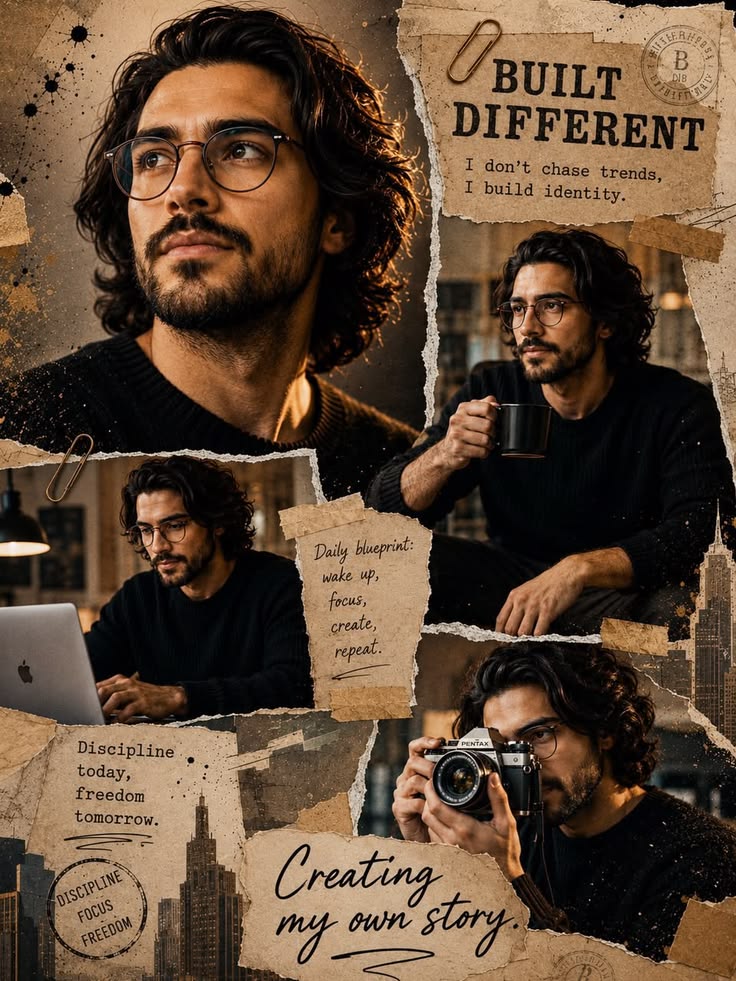 A highly detailed view of a Digital Scrapbook Collage featuring a creative male subject.