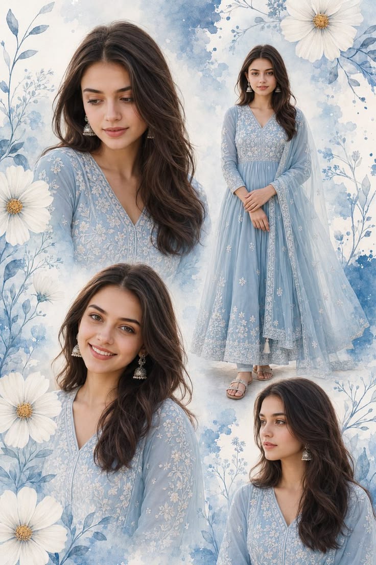 A beautiful Blue Anarkali Portrait showcasing intricate embroidery.