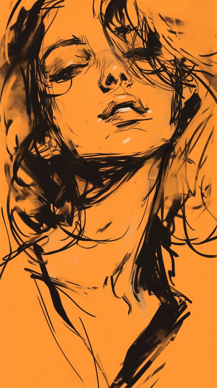 Ink Couple Art featuring an intimate reclining couple in vivid orange and expressive black ink illustration.