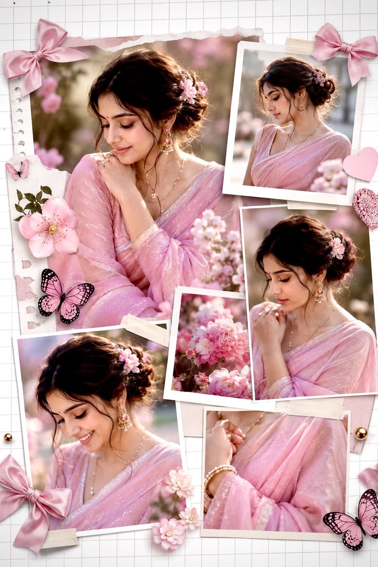 Pink Saree Scrapbook featuring an elegant scrapbook collage with layered floral styling.