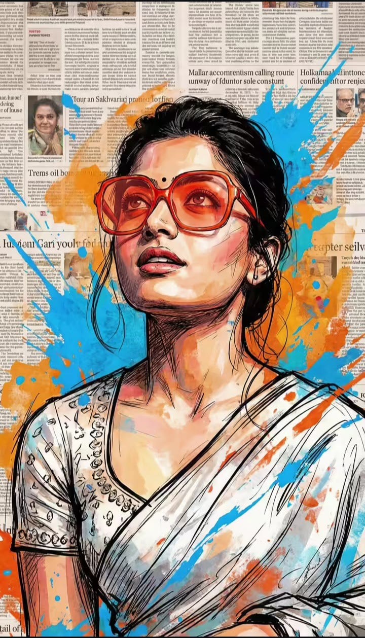 Newspaper Saree Portrait Prompt mixed-media fashion illustration with saree and newspaper collage background