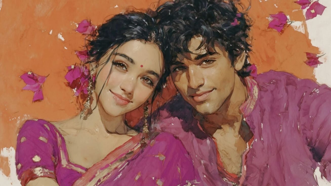 Romantic Couple Portrait in a warm painterly Indian couple style with magenta festive clothing and floral accents.