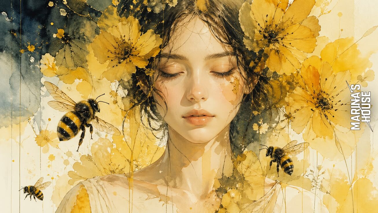 Watercolor Bee Portrait with closed eyes, golden yellow flowers, honeybees, dark teal shadows, and cream paper background.