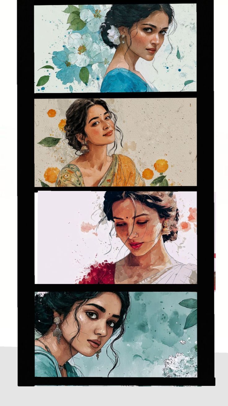 Watercolor Portrait Collage showing a four-panel traditional floral watercolor portrait concept.