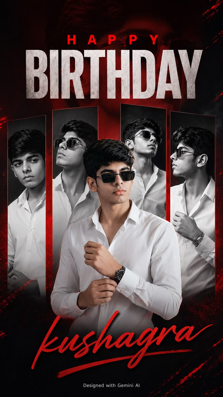 Male Birthday Poster with black-and-red birthday typography, five fashion portraits, and a premium Instagram edit look.