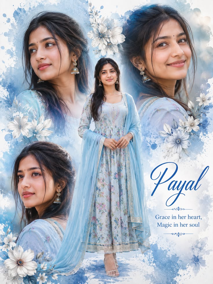 Pastel Blue Portrait watercolor collage poster with floral outfit, white flowers, Payal typography, and dreamy blue splash background.